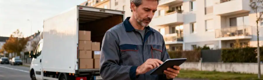 Déménageur consultant tablette devant camion, vérification professionnelle avant prestation Tourcoing