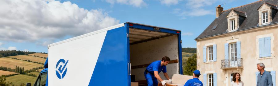 Sommaire Déménageurs professionnels déchargeant mobilier d'un camion devant une maison typique de la Loire, famille accueillante