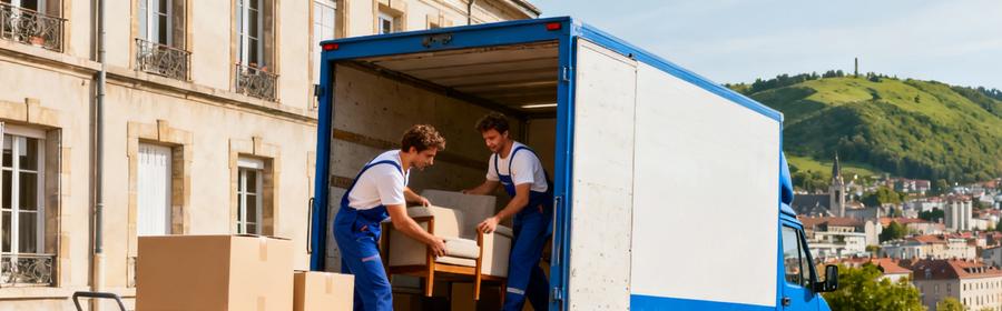 Un réseau de déménageurs fiables et une couverture complète du 42 Déménageurs professionnels déchargeant camion devant immeuble à Saint-Étienne, mobilier et cartons sur diable