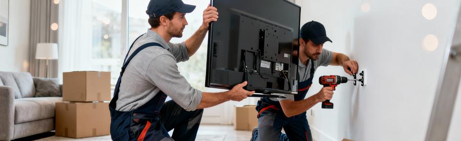 Déménageurs démontant téléviseur fixé au mur, manipulation professionnelle coordonnée et sécurisée