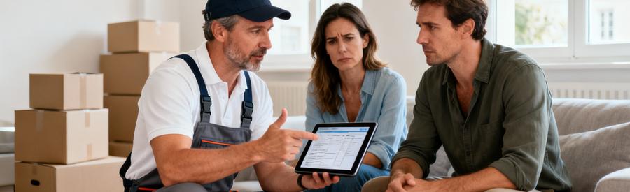 Devis Budget Demenagement Douai Conseil Déménageur présentant devis sur tablette à couple dans salon, conseil budget personnalisé