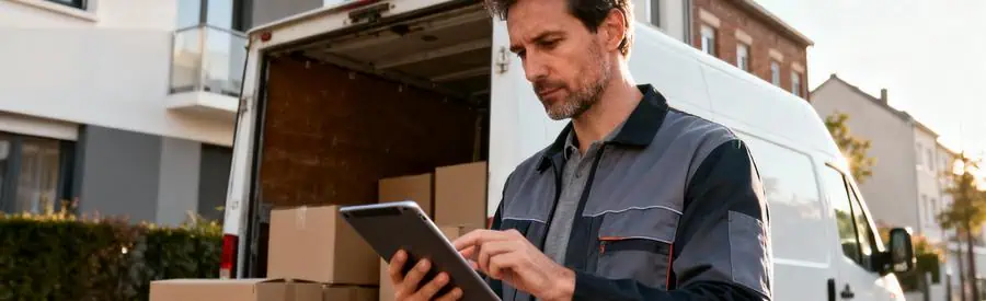 Déménageur consultant tablette pour devis devant camion, rue résidentielle Marcq-en-Barœul