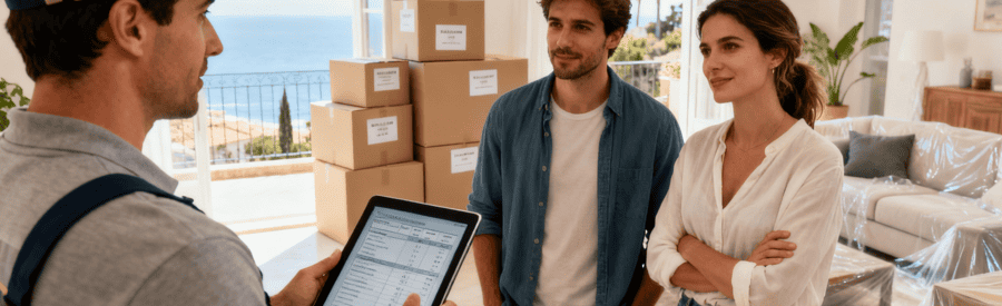 Déménageur présentant devis détaillé sur tablette à clients, consultation tarifaire professionnelle