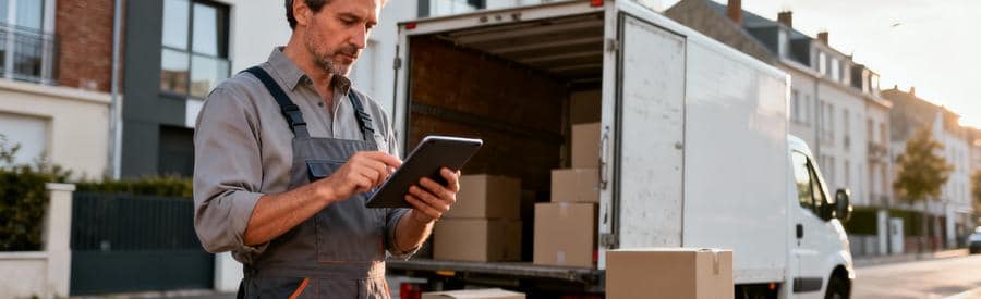Déménageur consultant devis sur tablette devant camion, cartons chargés en arrière-plan