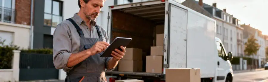 Déménageur consultant devis sur tablette devant camion, cartons chargés en arrière-plan
