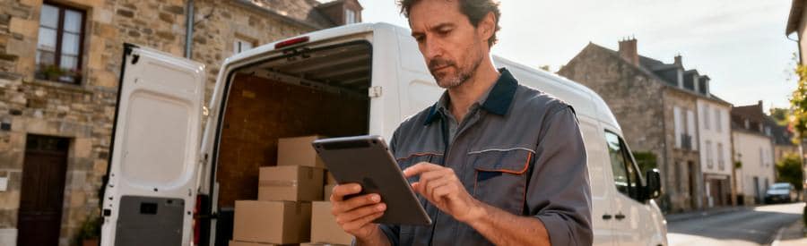 Déménageur consultant devis sur tablette devant camion, architecture typique Rodez en arrière-plan