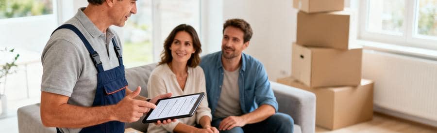 Déménageur présentant devis sur tablette à couple dans salon, consultation professionnelle tarifs