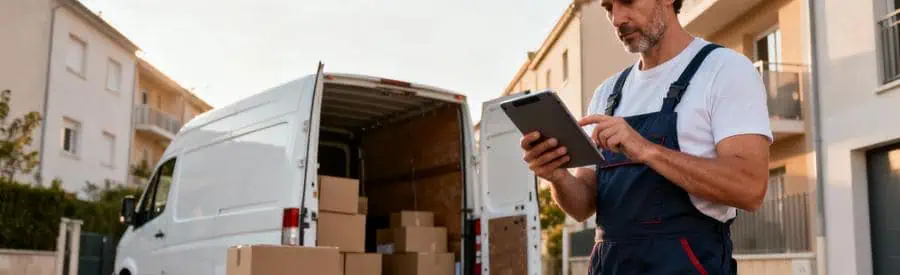 Déménageur consultant estimation sur tablette devant camion et cartons, environnement urbain Gers