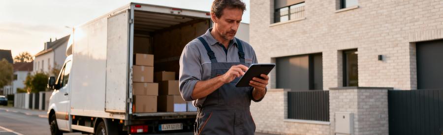 Devis Demenagement Professionnel Lambersart Déménageur consultant devis sur tablette devant camion et cartons, contexte urbain Lambersart