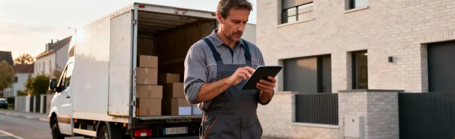 Déménageur consultant devis sur tablette devant camion et cartons, contexte urbain Lambersart