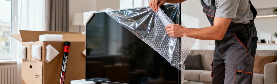 Déménageur emballant écran TV avec papier bulle, protection professionnelle multicouche