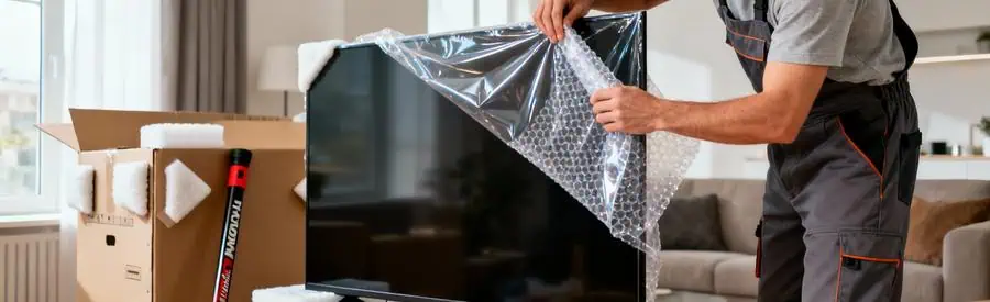 Déménageur emballant écran TV avec papier bulle, protection professionnelle multicouche