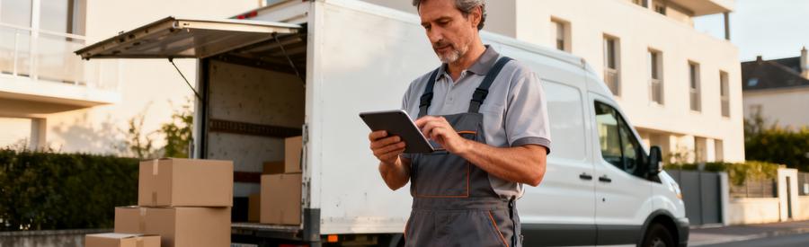 Déménageur consultant tablette pour estimation budget devant camion et cartons, environnement urbain Beauvais