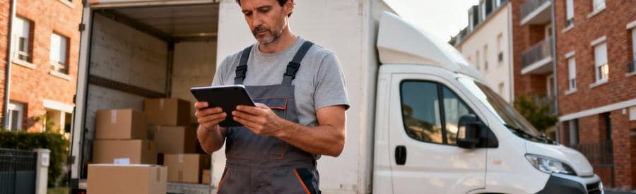Déménageur consultant tablette pour estimation budget devant camion et cartons
