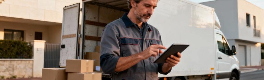 Déménageur consultant tablette pour estimation budget devant camion, rue Montauban