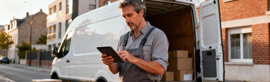 Estimation Budget Demenagement Tourcoing Déménageur consultant tablette pour estimation budget devant camion, rue Tourcoing