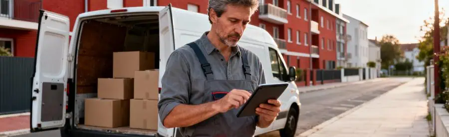 Déménageur consultant tablette pour estimation devant camion, quartier résidentiel Villeneuve-d'Ascq