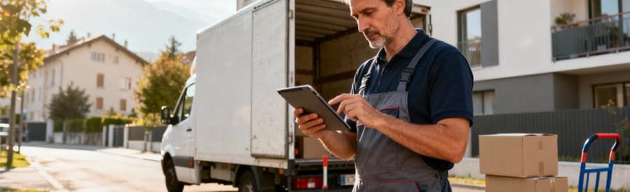 Déménageur consultant tablette pour estimation volume, calcul coût déménagement professionnel