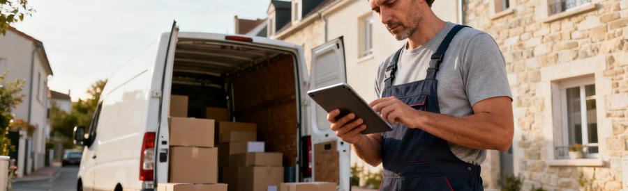 Déménageur consultant tablette pour estimation coûts devant camion, environnement Lot