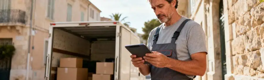 Déménageur consultant tablette pour estimation devant camion, rue Nîmes architecture provençale
