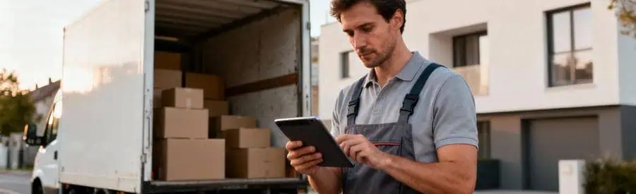 Déménageur consultant tablette pour estimation coût devant camion, rue Valenciennes
