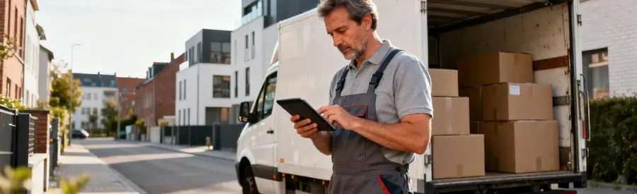 Déménageur consultant tablette pour devis devant camion, rue résidentielle Wattrelos