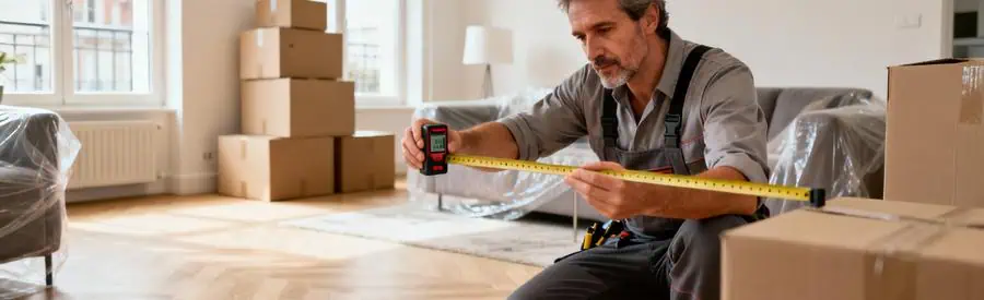 Déménageur mesurant volume salon avec laser, cartons empilés, estimation professionnelle