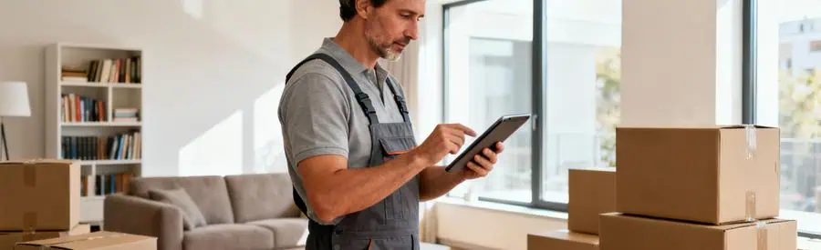 Déménageur professionnel évaluant volume appartement avec tablette, mobilier et cartons visibles