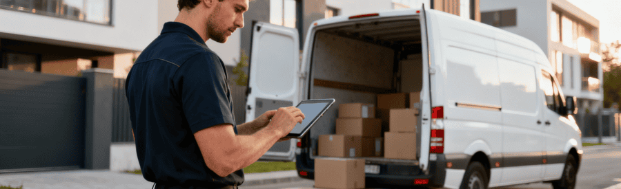 Estimation Volume Demenagement Professionnel Déménageur consultant tablette pour estimation volume devant camion blanc, environnement urbain moderne