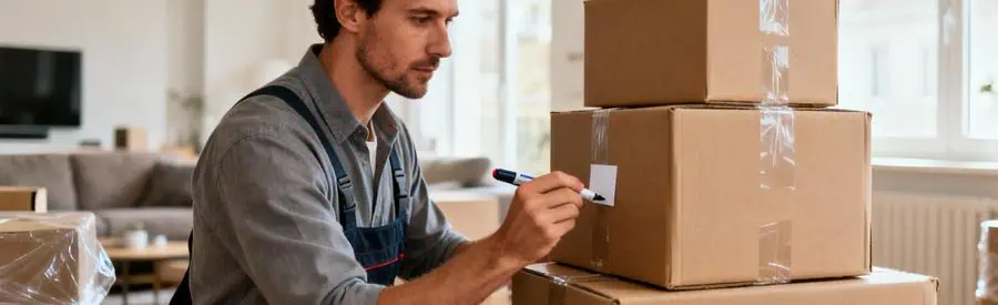 Déménageur étiquetant cartons empilés dans salon moderne, organisation méthodique du déménagement