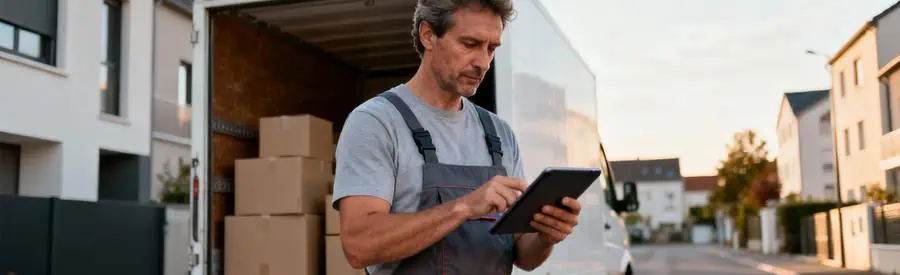 Déménageur consultant tablette pour évaluation budget devant camion, rue résidentielle Aisne