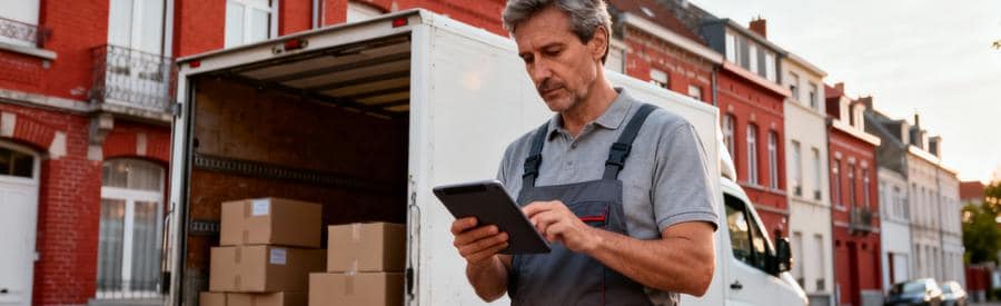 Déménageur consultant tablette pour évaluation technique devant camion, architecture typique Nord