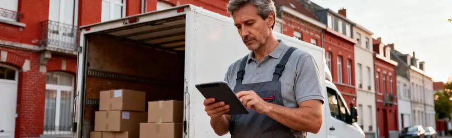 Déménageur consultant tablette pour évaluation technique devant camion, architecture typique Nord