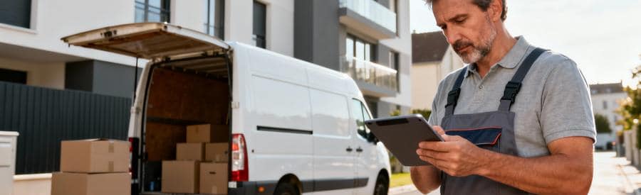 Déménageur consultant données tarifaires sur tablette devant camion, expertise professionnelle Oise