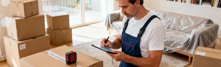 Déménageur évaluant volume appartement avec mètre laser, cartons et mobilier emballé visible