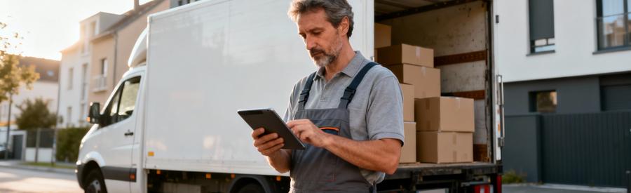 Evaluation Volume Demenagement Cambrai Professionnel Déménageur consultant tablette pour évaluer volume chargement devant camion, rue urbaine Cambrai