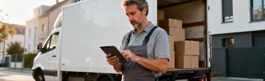 Déménageur consultant tablette pour évaluer volume chargement devant camion, rue urbaine Cambrai