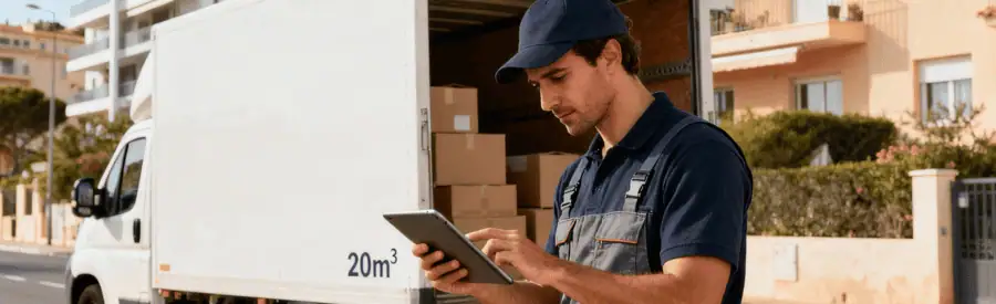 Déménageur consultant tablette pour évaluation volume, établissement devis précis devant camion