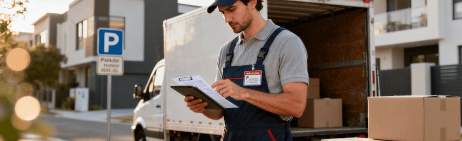 Déménageur vérifiant documents administratifs autorisation stationnement devant camion, formalités réglementaires