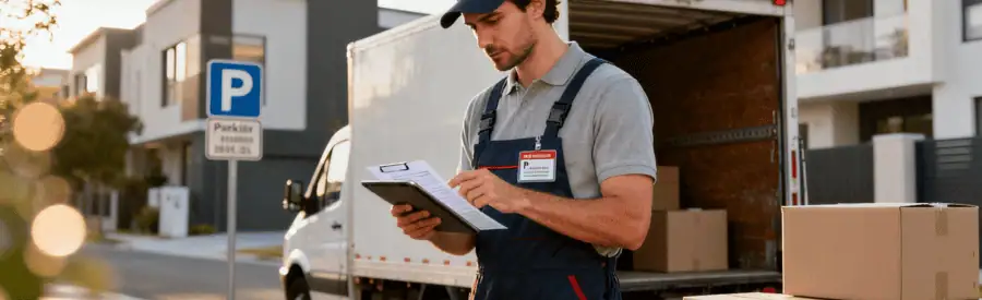 Déménageur vérifiant documents administratifs autorisation stationnement devant camion, formalités réglementaires