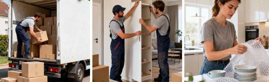 Comparaison visuelle trois formules déménagement : chargement, démontage meubles, emballage objets fragiles