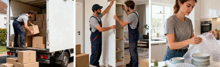 Comparaison visuelle trois formules déménagement : chargement, démontage meubles, emballage objets fragiles