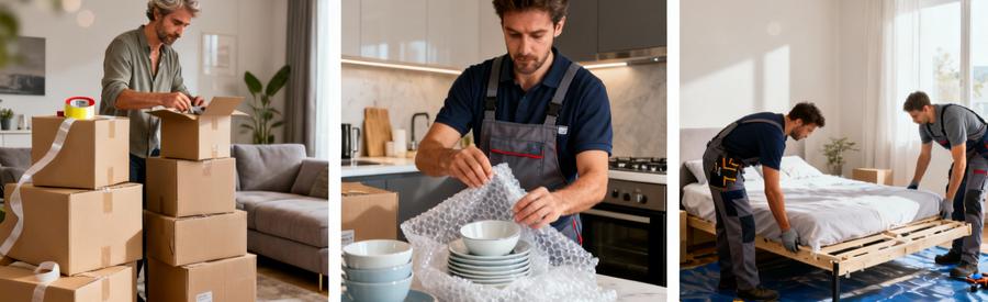 Comparatif trois formules déménagement : préparation solo, emballage professionnel vaisselle, démontage mobilier équipe