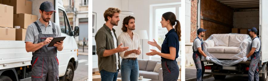 Formules Demenagement Roubaix Professionnels Trois formules déménagement : consultation tarifs, discussion options clients, chargement mobilier protégé
