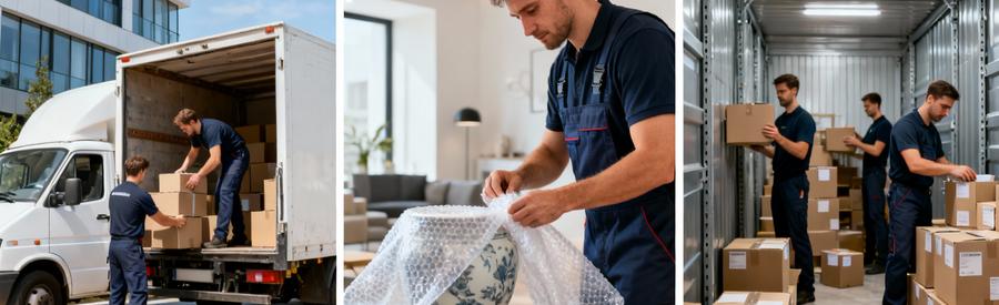 Trois formules déménagement : chargement camion, emballage fragiles, stockage garde-meubles sécurisé