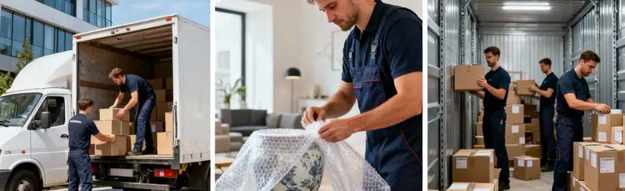 Trois formules déménagement : chargement camion, emballage fragiles, stockage garde-meubles sécurisé