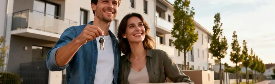 Couple souriant devant immeuble résidentiel moderne après déménagement réussi à Marcq-en-Barœul