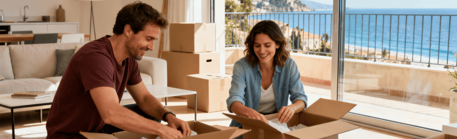 Couple déballant cartons appartement Cagnes-sur-Mer, installation nouvelle vie vue mer