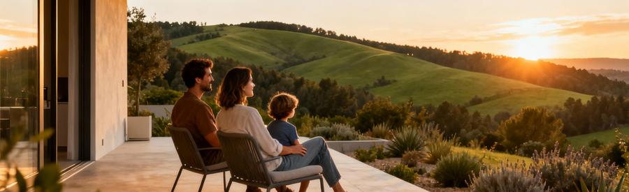 Famille profitant terrasse maison Tarn face paysage vallonné verdoyant, ambiance sereine coucher soleil