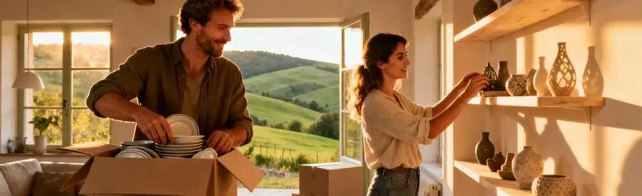 Couple déballant cartons dans maison gasconne lumineuse, vue sur paysage vallonné du Gers